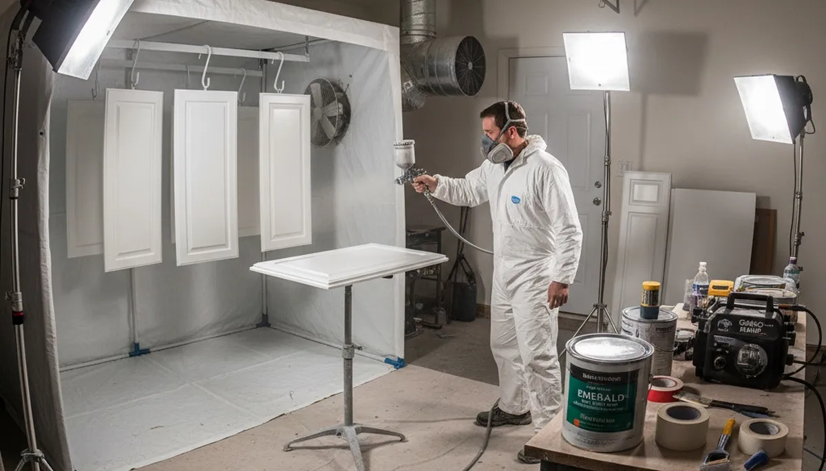 Professional cabinet painting process in Billings, MT using spray and brush for smooth kitchen finishes