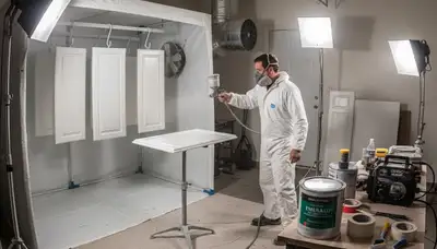 Professional cabinet painting process in Billings, MT using spray and brush for smooth kitchen finishes
