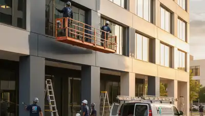 Professional commercial painters working on an office exterior in Billings, MT