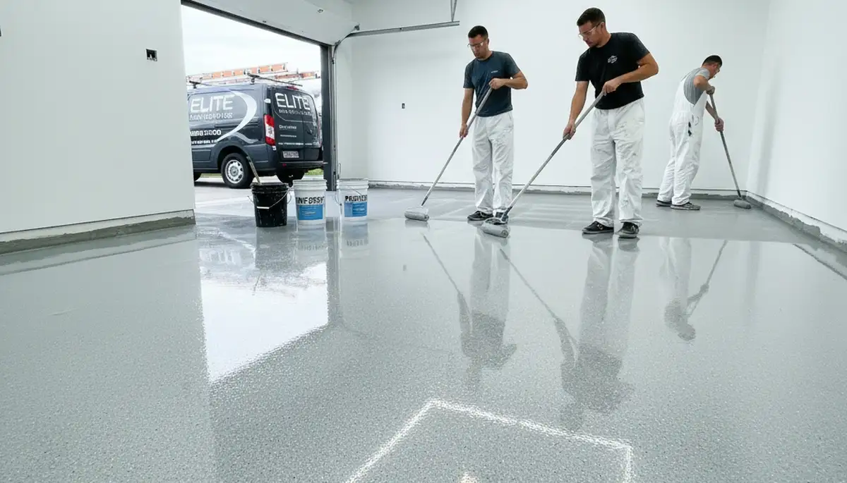 Epoxy floor coating in Billings MT garage by professional house painters creating durable, glossy finish
