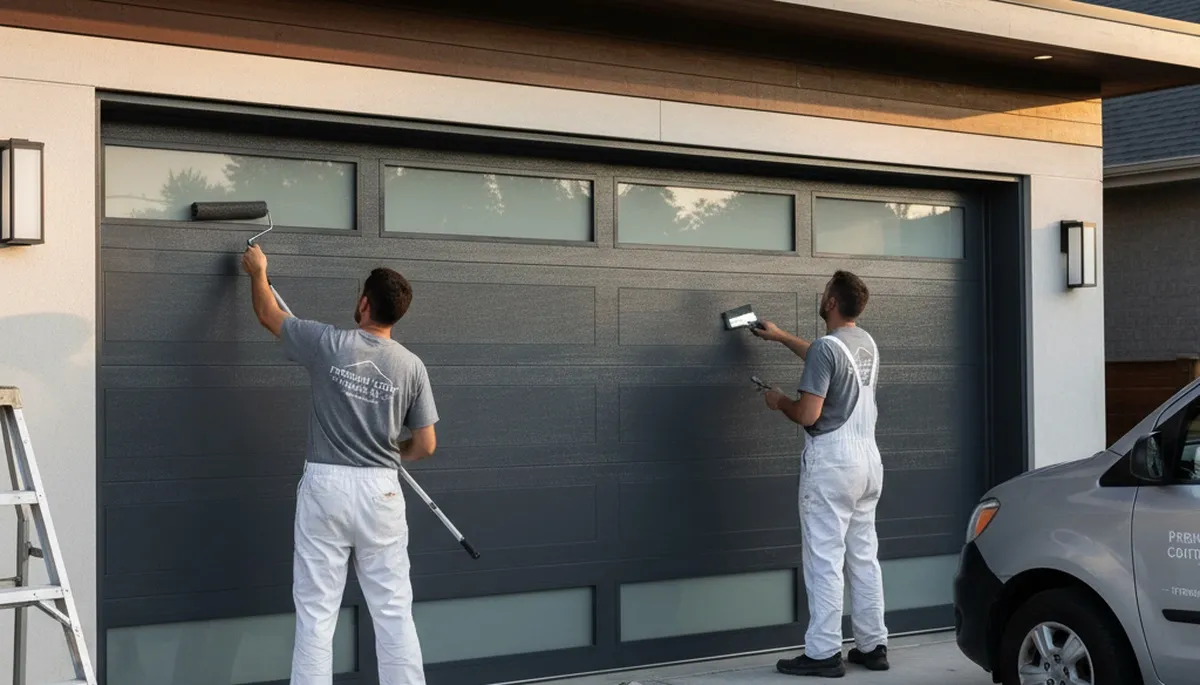 Professional painters finishing a garage door in Billings, MT for durable curb appeal protection