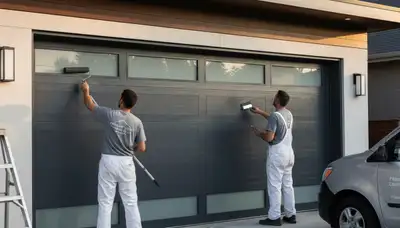 Professional painters finishing a garage door in Billings, MT for durable curb appeal protection