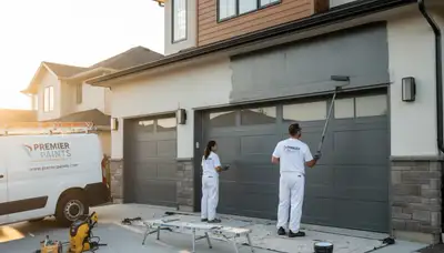Professional painters applying fresh coat on residential garage door in Billings, MT