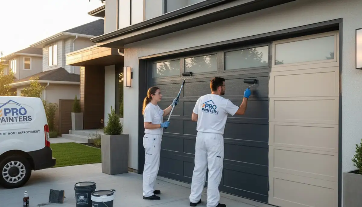 Professional painters refinishing a garage door in Billings, MT for long-lasting curb appeal