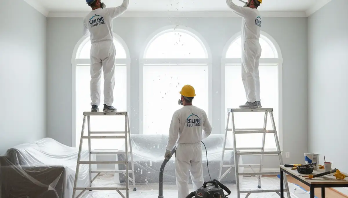 Painter removing popcorn ceiling in Billings MT home for smooth modern finish and cleaner indoor air