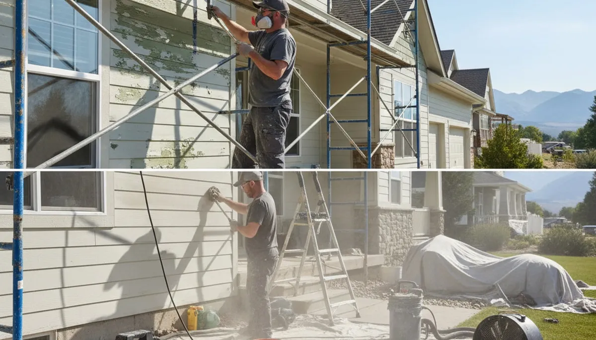 Painter performing exterior surface preparation on a Billings MT home before professional painting