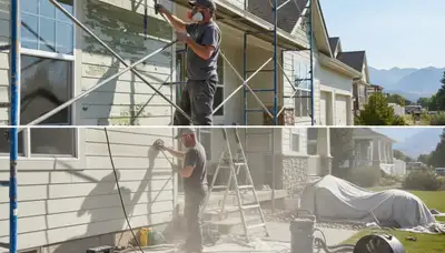 Painter performing exterior surface preparation on a Billings MT home before professional painting